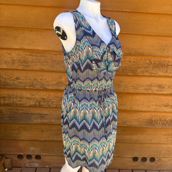 BeBop Blue & Multicolor Chevron Sleeveless Tie Waist Dress Size L - Picture 7 of 9